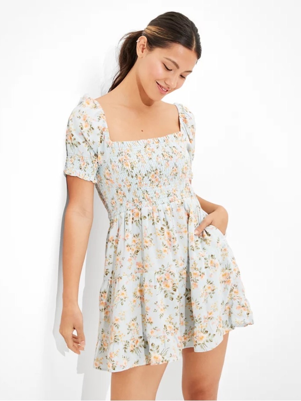 American Eagle Picnic Pretty Puff Sleeve Dress - Floral Light Blue - Linen Blend
